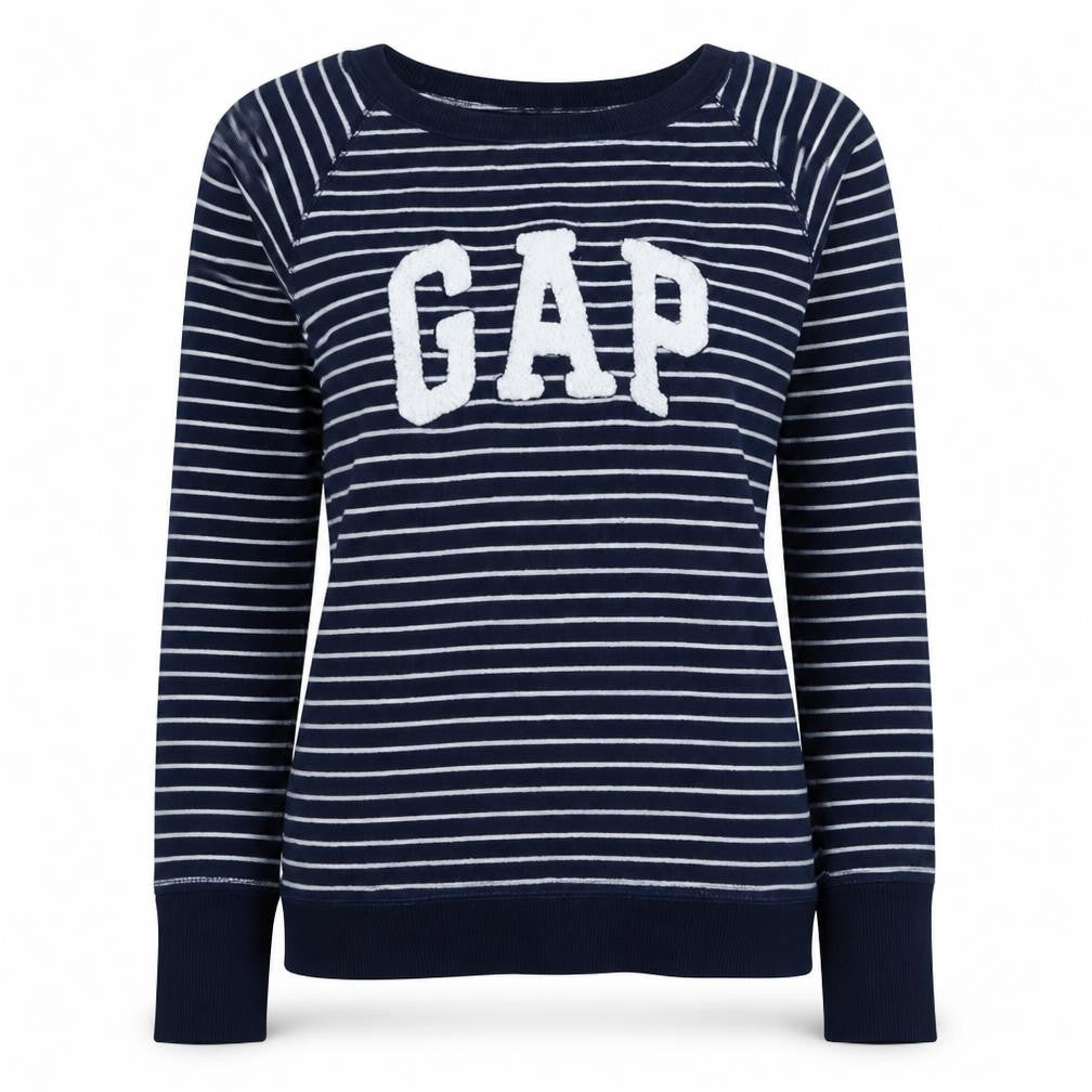 Front view of Gap Women's Navy Striped Logo Pullover Sweatshirt XS Cotton Blend