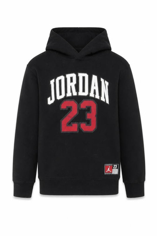 Front view of Jordan boys’ black 12-13 years pullover hoodie with logo front