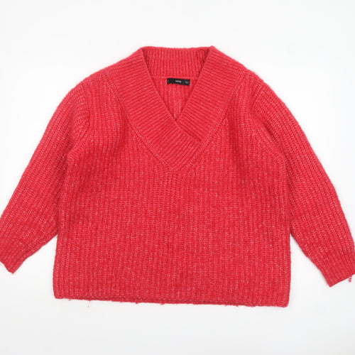 MNG Women's Red V-Neck Chunky Knit Wool Blend Jumper Size L