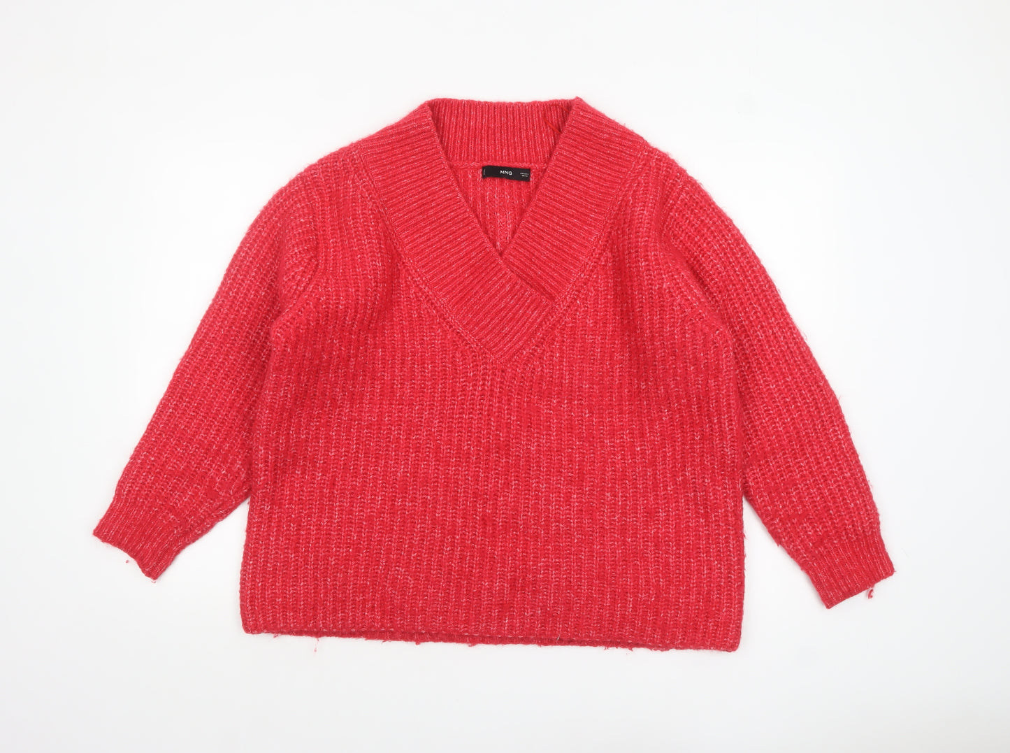 MNG Women's Red V-Neck Chunky Knit Wool Blend Jumper Size L