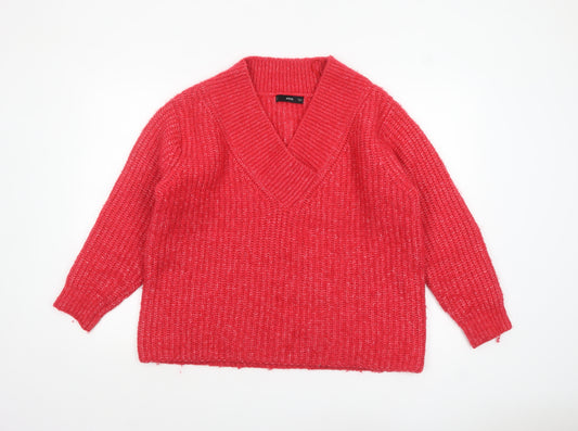 MNG Women's Red V-Neck Chunky Knit Wool Blend Jumper Size L