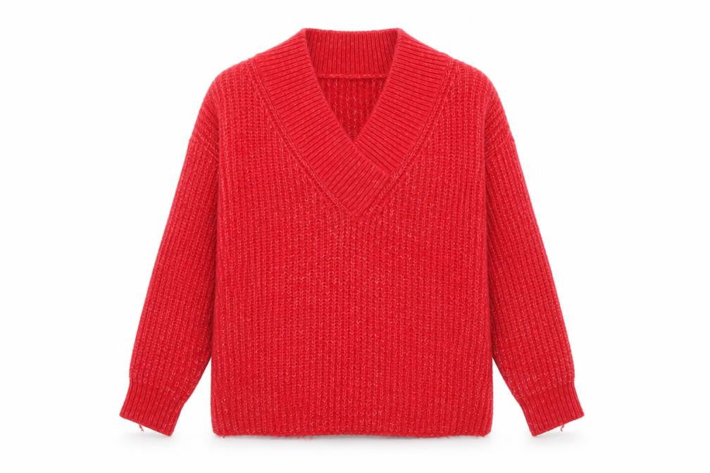 Front view of Mango Women's Red V-Neck Chunky Knit Wool Blend Jumper, size L