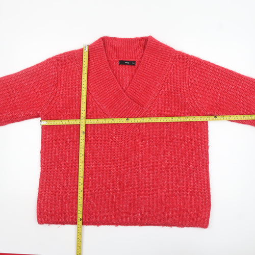 MNG Women's Red V-Neck Chunky Knit Wool Blend Jumper Size L