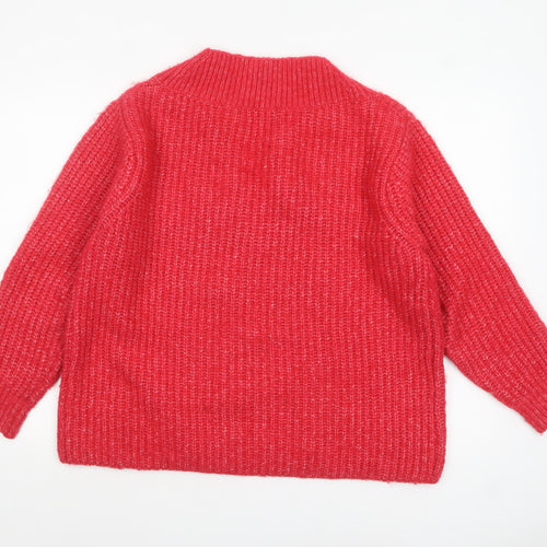 MNG Women's Red V-Neck Chunky Knit Wool Blend Jumper Size L