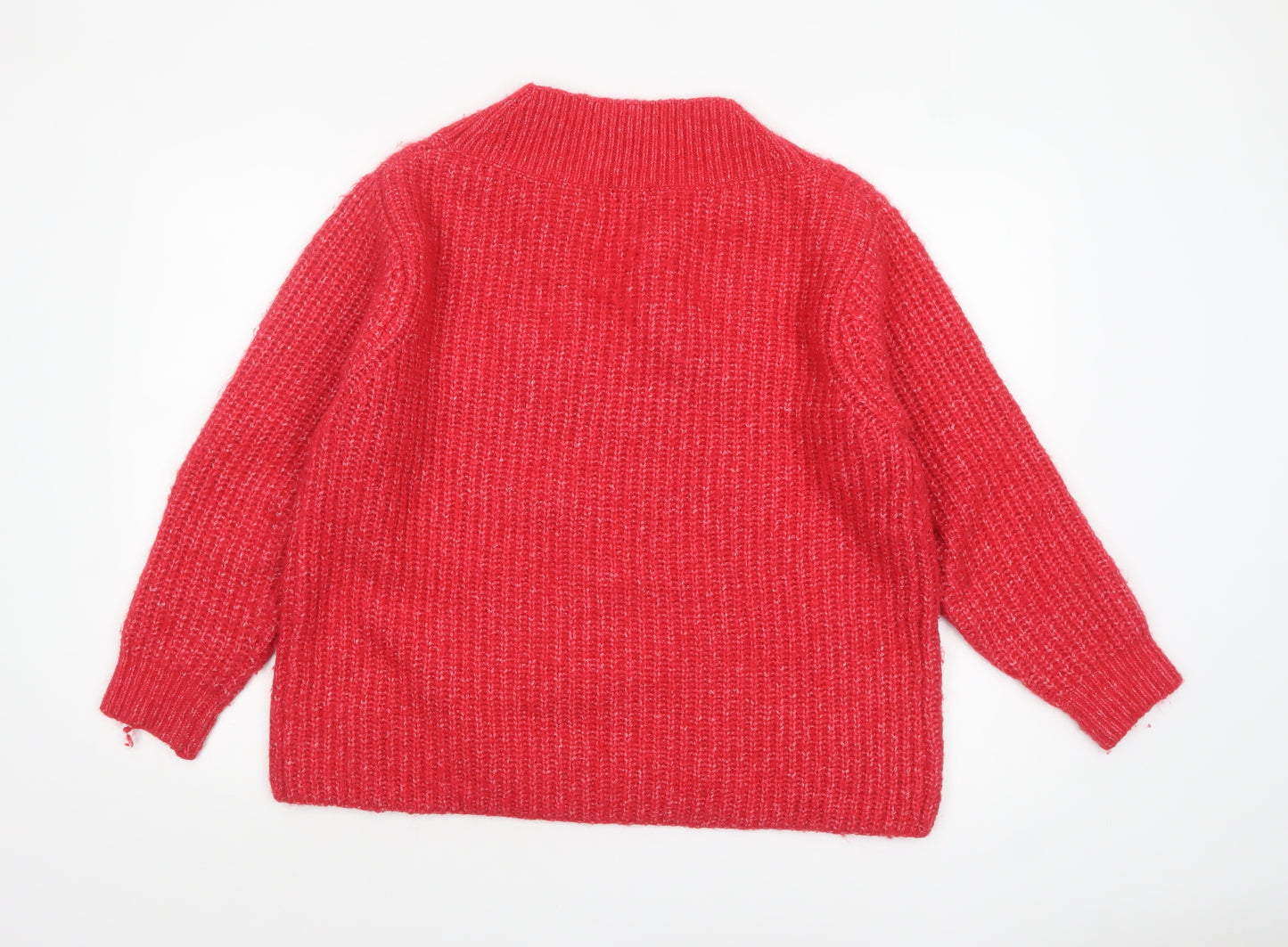 MNG Women's Red V-Neck Chunky Knit Wool Blend Jumper Size L