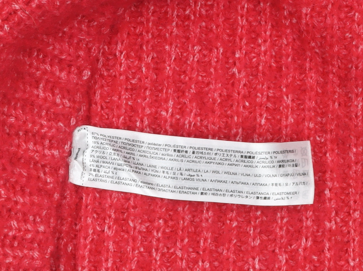 MNG Women's Red V-Neck Chunky Knit Wool Blend Jumper Size L