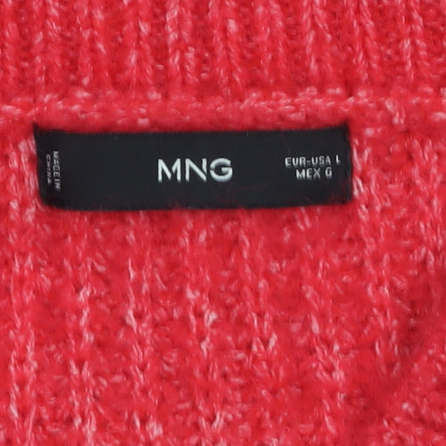 MNG Women's Red V-Neck Chunky Knit Wool Blend Jumper Size L
