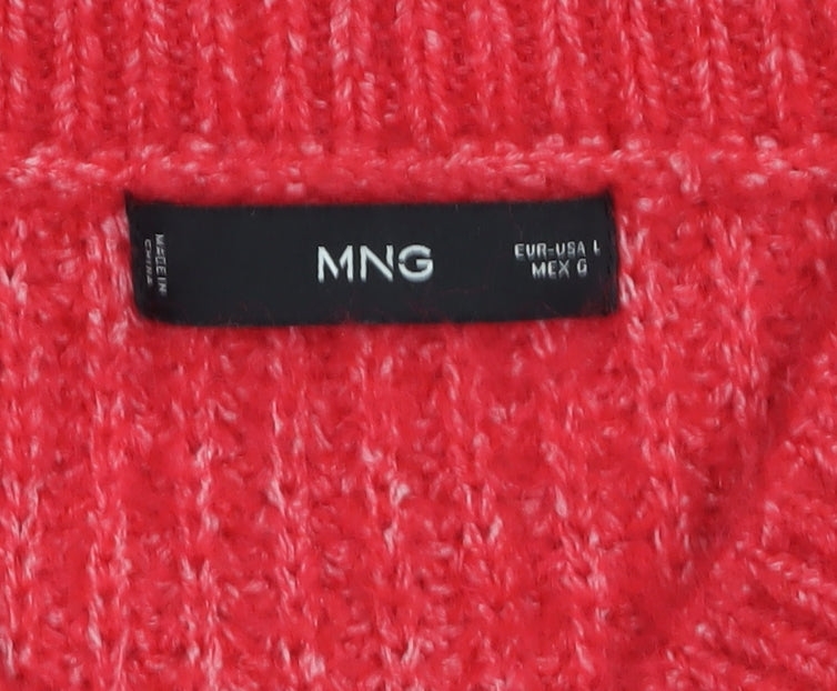 MNG Women's Red V-Neck Chunky Knit Wool Blend Jumper Size L