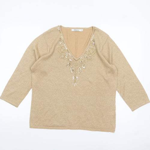 M&Co Women's Beige Sequin V-Neck 3/4 Sleeve Pullover Jumper XL