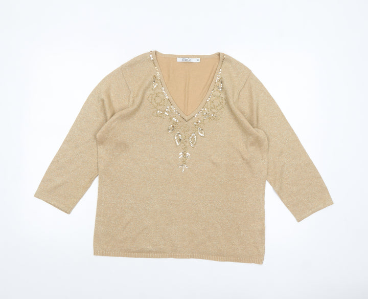 M&Co Women's Beige Sequin V-Neck 3/4 Sleeve Pullover Jumper XL