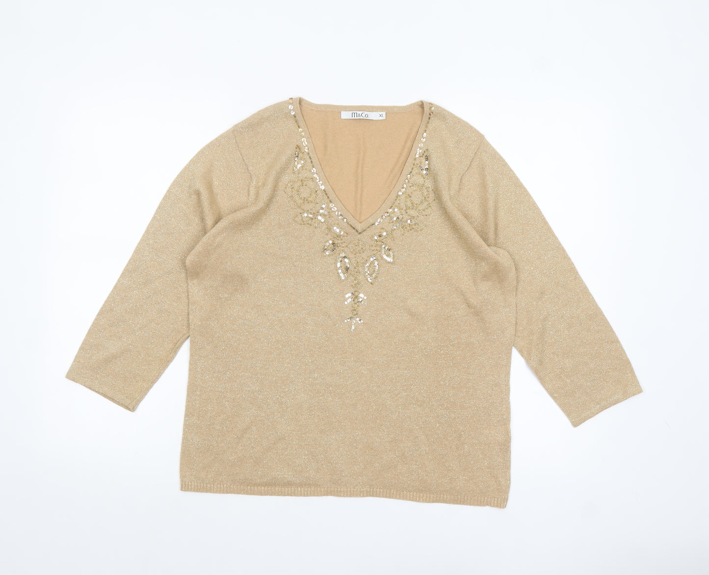M&Co Women's Beige Sequin V-Neck 3/4 Sleeve Pullover Jumper XL