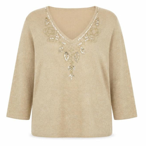 M&Co Women's Beige Sequin V-Neck 3/4 Sleeve Pullover Jumper XL
