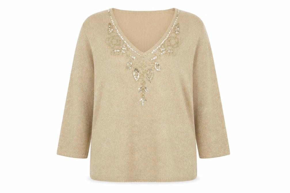 M&Co Women's Beige Sequin V-Neck 3/4 Sleeve Pullover Jumper XL