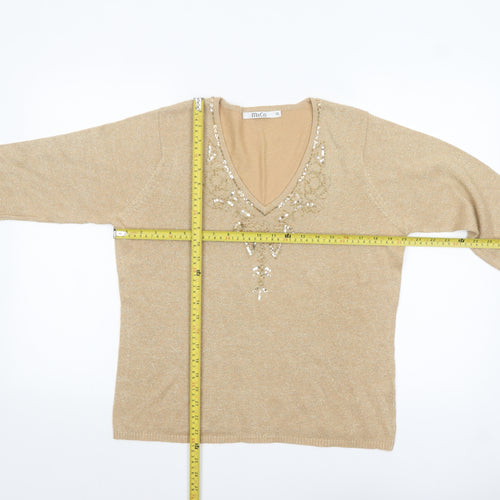 M&Co Women's Beige Sequin V-Neck 3/4 Sleeve Pullover Jumper XL