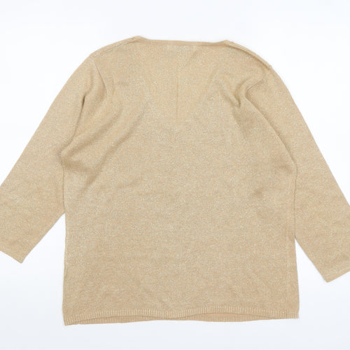 M&Co Women's Beige Sequin V-Neck 3/4 Sleeve Pullover Jumper XL