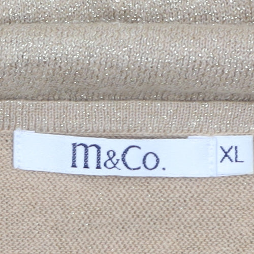 M&Co Women's Beige Sequin V-Neck 3/4 Sleeve Pullover Jumper XL