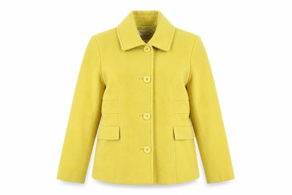 Front view of Lakeland Women Yellow Wool Blend Buttoned Mid-Length Coat, size 12