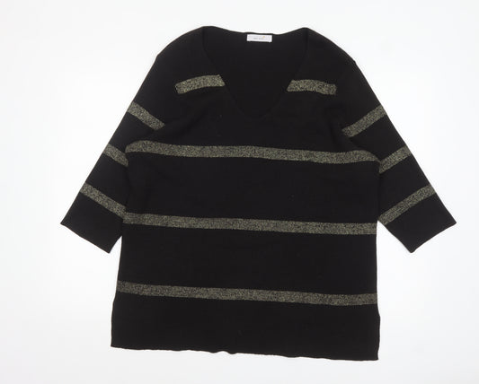 Marks and Spencer Womens Black Metallic Stripe V-Neck Jumper Size 18