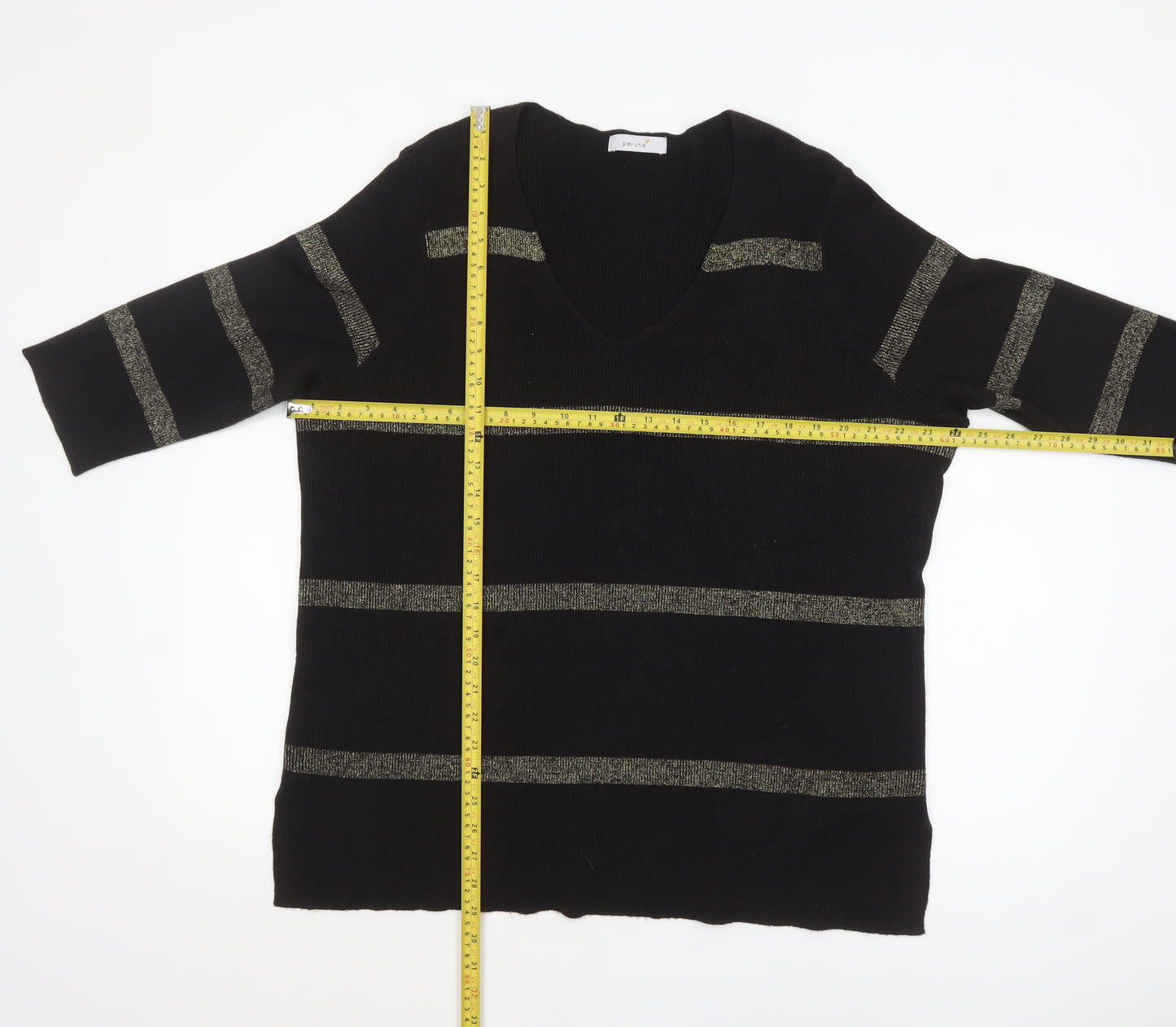 Marks and Spencer Womens Black Metallic Stripe V-Neck Jumper Size 18