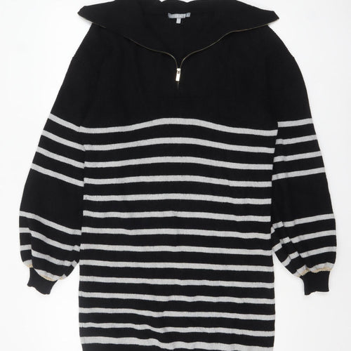 Oliver Bonas Women’s Black Striped Collared Zip Knit Jumper Size 10