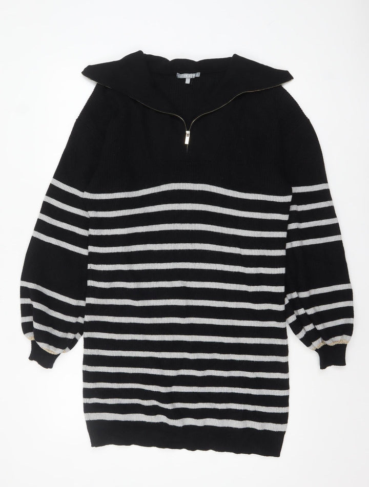 Oliver Bonas Women’s Black Striped Collared Zip Knit Jumper Size 10