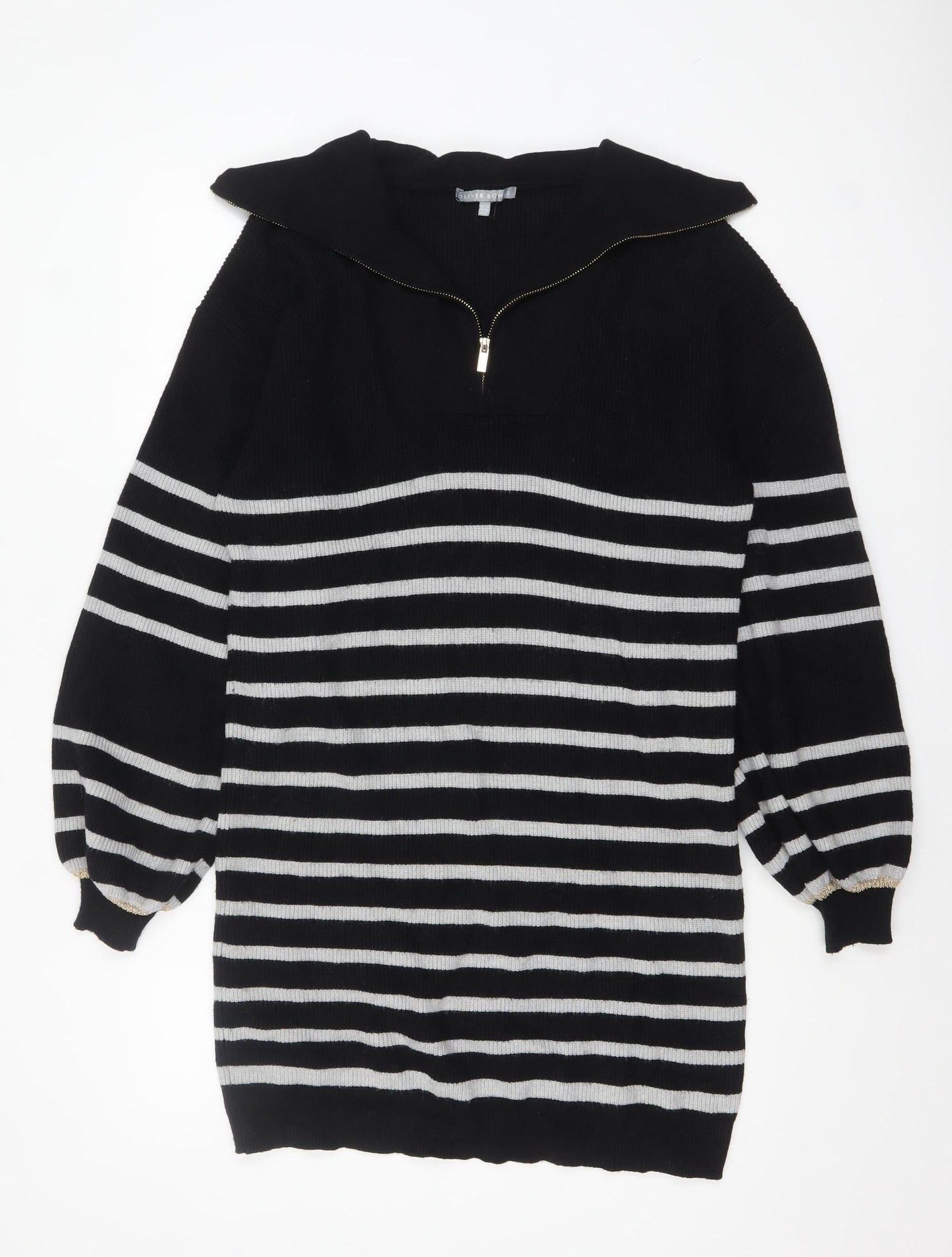 Oliver Bonas Women’s Black Striped Collared Zip Knit Jumper Size 10