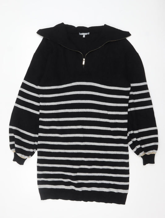 Oliver Bonas Women’s Black Striped Collared Zip Knit Jumper Size 10