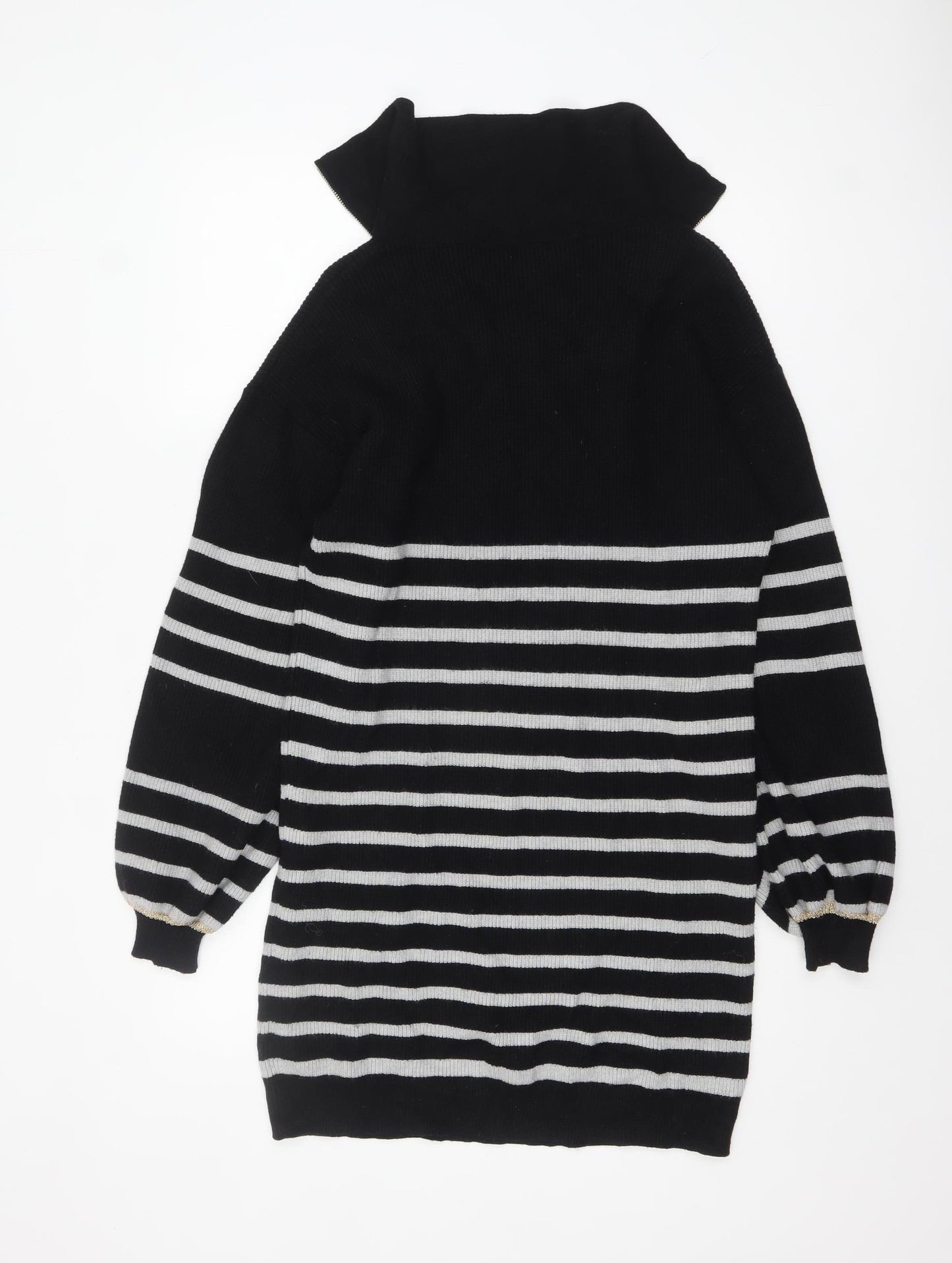 Oliver Bonas Women’s Black Striped Collared Zip Knit Jumper Size 10
