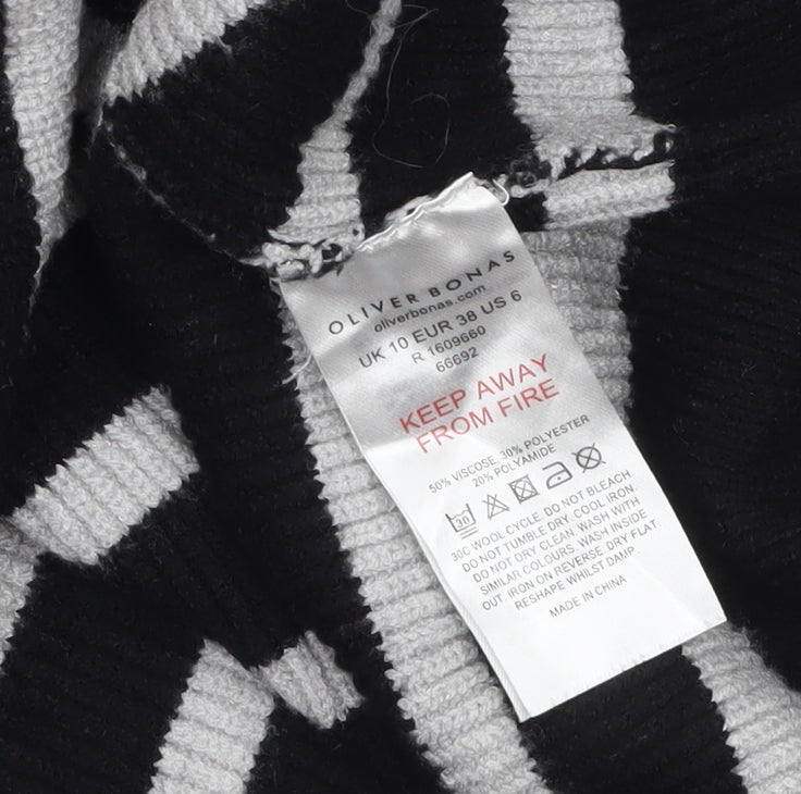 Oliver Bonas Women’s Black Striped Collared Zip Knit Jumper Size 10
