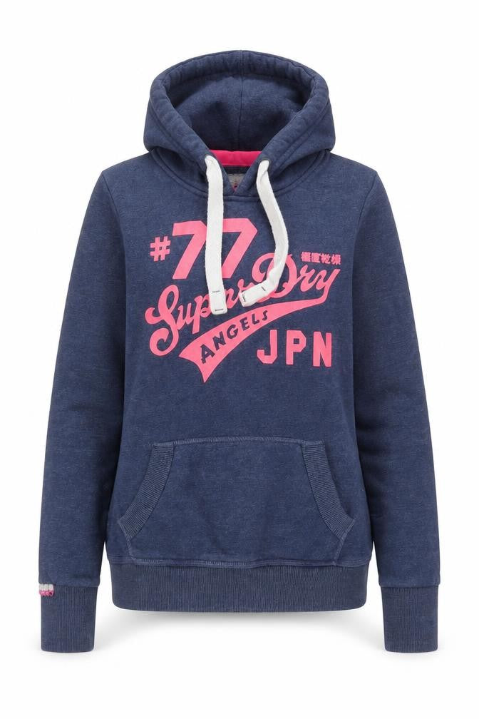 Front view of Superdry women’s blue xs pullover hoodie with logo print