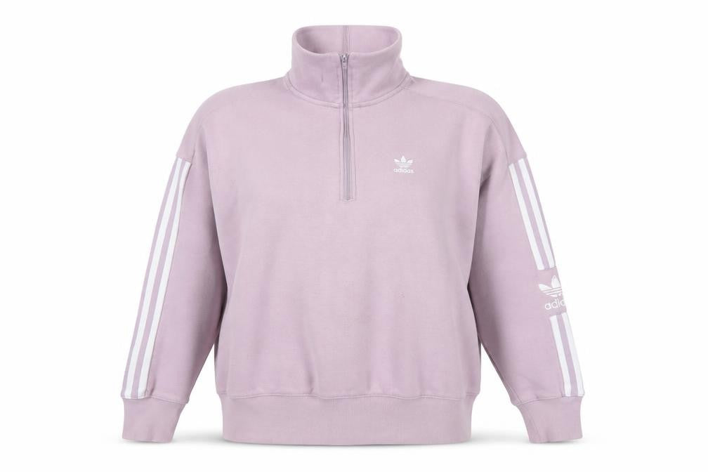Front view of Adidas women’s pink 1/2 zip pullover sweatshirt, size UK 10