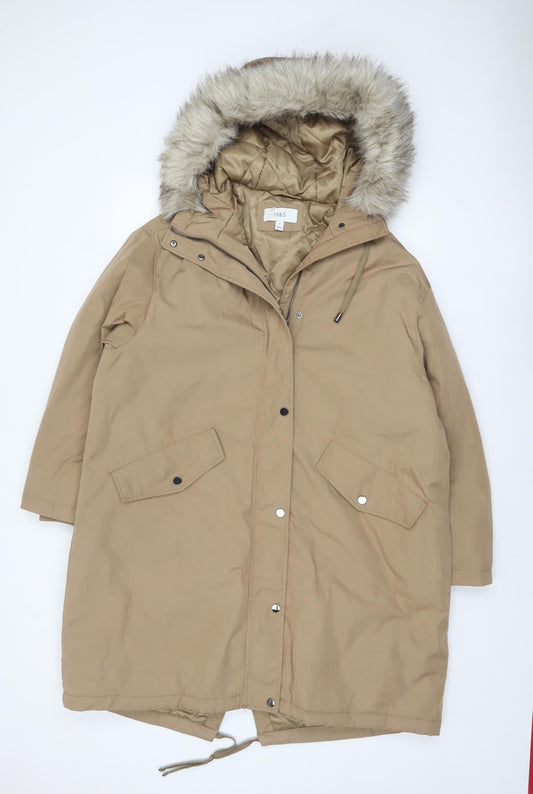 Marks and Spencer Women Beige Faux Fur Hooded Parka Coat Size 16