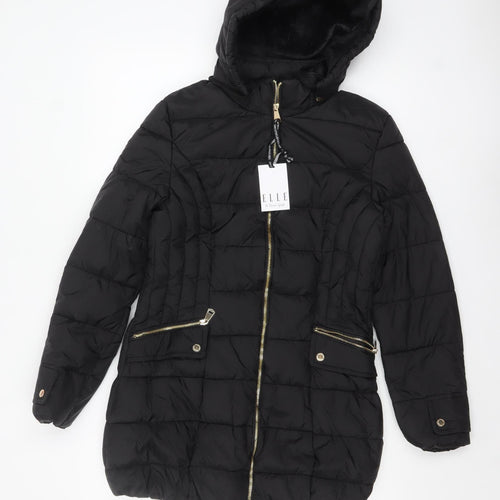 ELLE Women's Black Hooded Puffer Jacket Size 8 Mid-Length