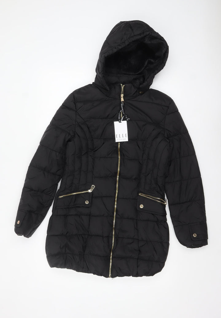 ELLE Women's Black Hooded Puffer Jacket Size 8 Mid-Length