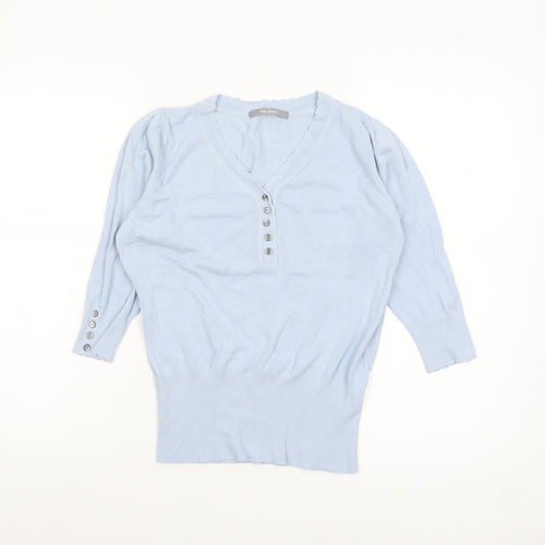 Marks and Spencer Women's Blue V-Neck Henley Jumper Size 10
