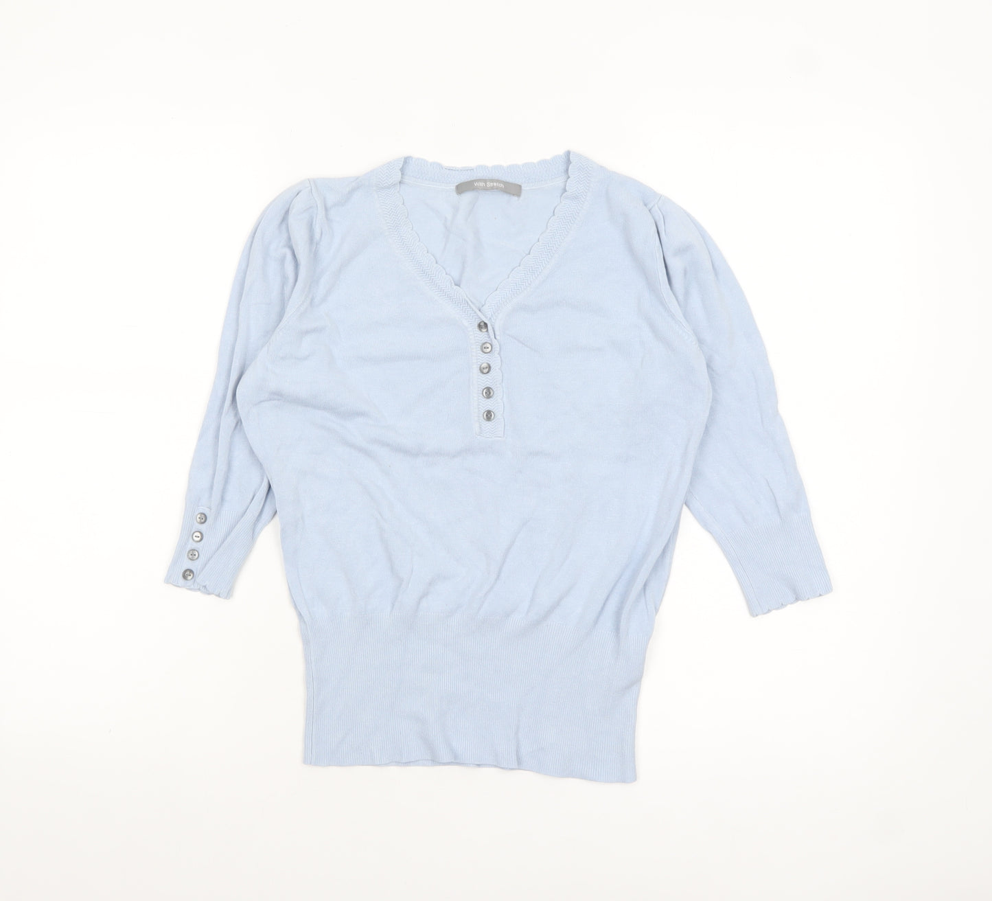Marks and Spencer Women's Blue V-Neck Henley Jumper Size 10