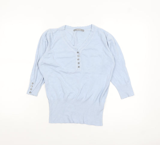Marks and Spencer Women's Blue V-Neck Henley Jumper Size 10