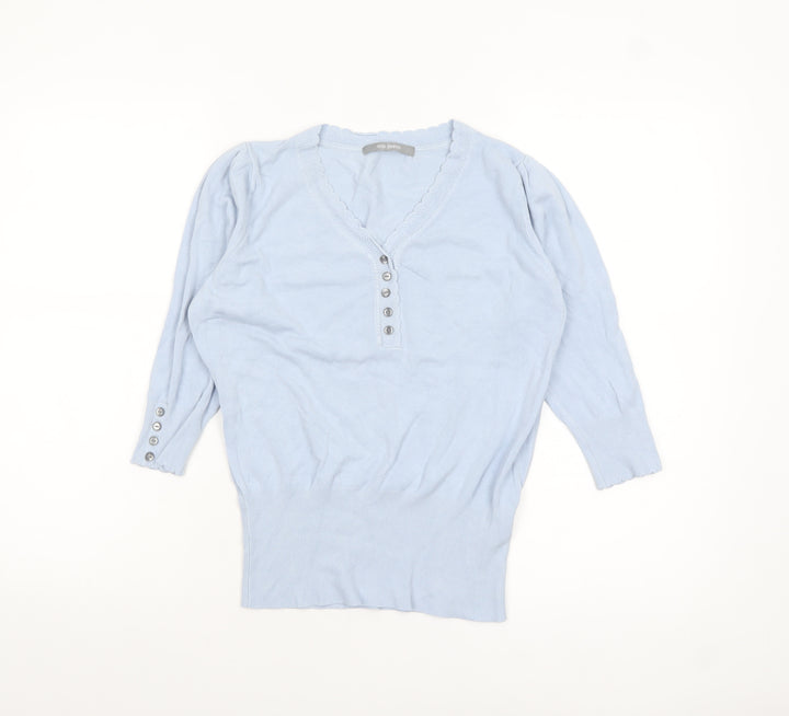 Marks and Spencer Women's Blue V-Neck Henley Jumper Size 10