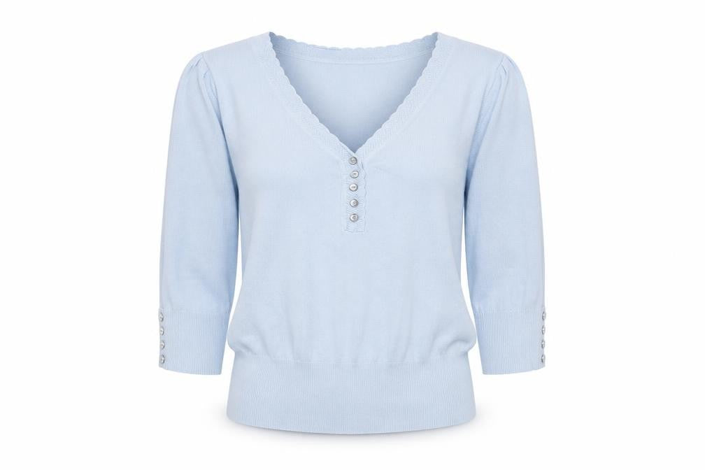 Front view of Marks & Spencer Women's Blue V-Neck Henley Jumper, size 10