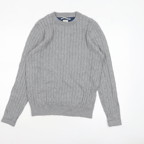 Racing Green Men’s Grey Cable-Knit Cotton Crew Neck Jumper M
