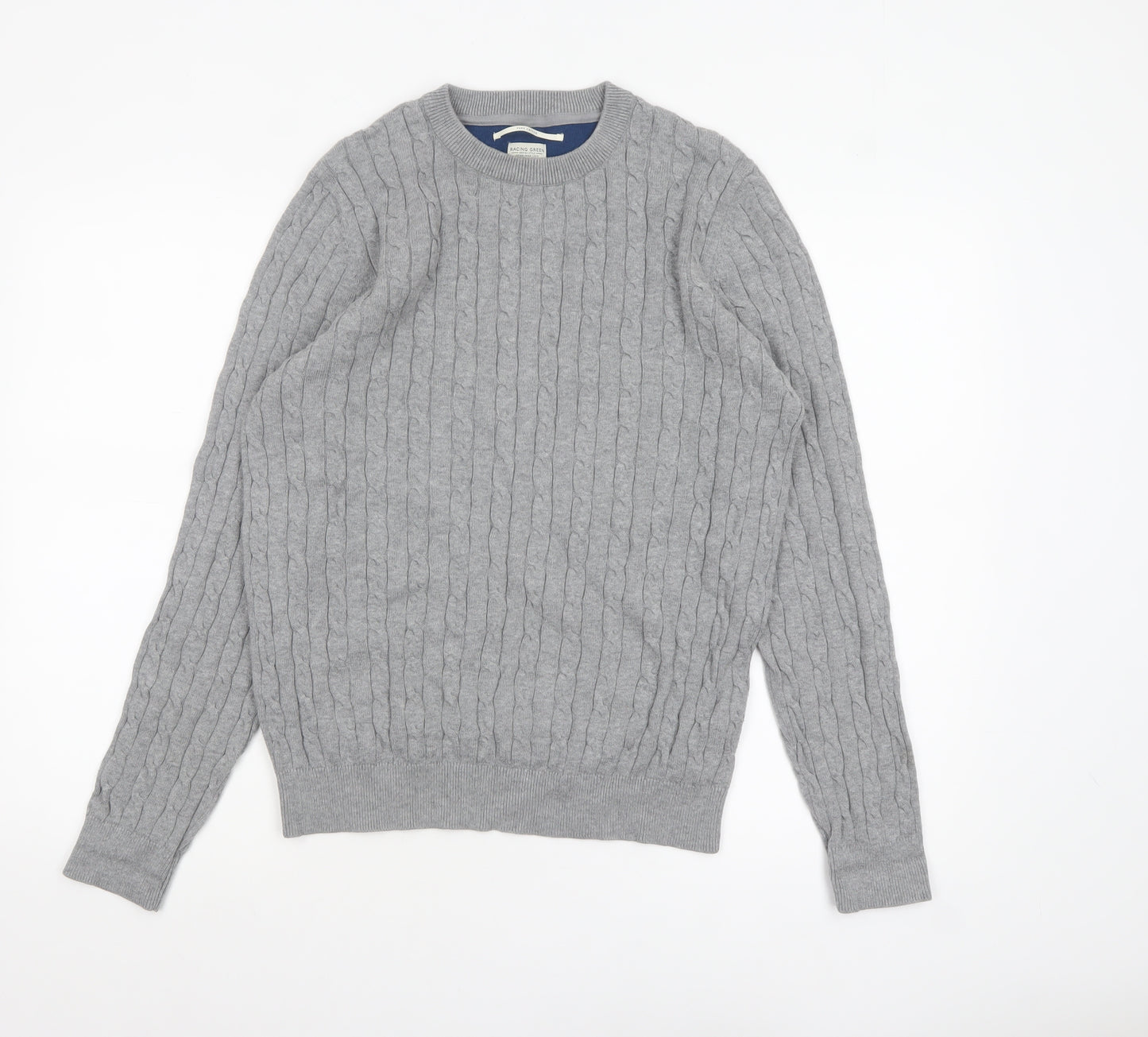 Racing Green Men’s Grey Cable-Knit Cotton Crew Neck Jumper M