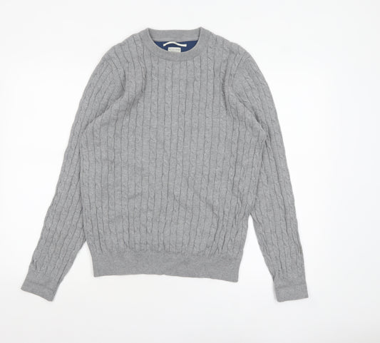 Racing Green Men’s Grey Cable-Knit Cotton Crew Neck Jumper M