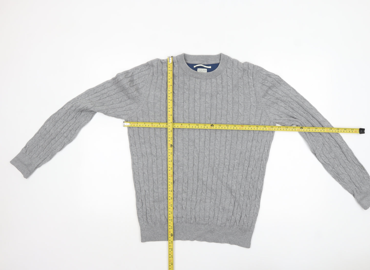 Racing Green Men’s Grey Cable-Knit Cotton Crew Neck Jumper M