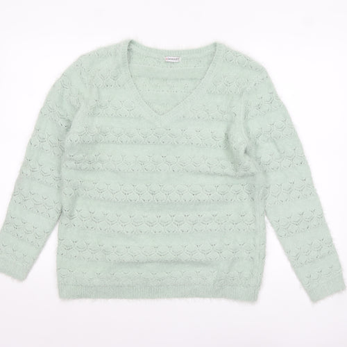 Damart Women Green V-Neck Knit Jumper Size 14 Long Sleeve Pullover