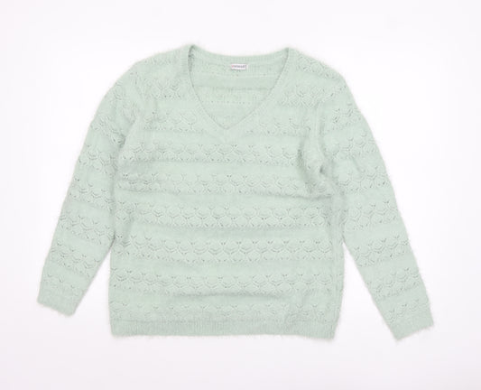 Damart Women Green V-Neck Knit Jumper Size 14 Long Sleeve Pullover
