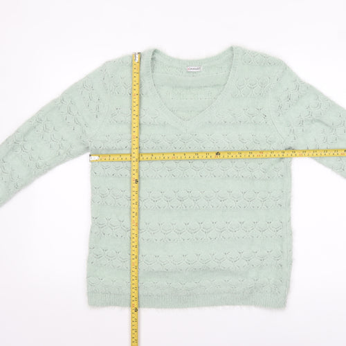 Damart Women Green V-Neck Knit Jumper Size 14 Long Sleeve Pullover