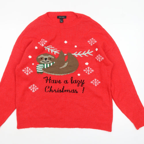 New Look Women's Red Christmas Sloth Pullover Jumper Size L