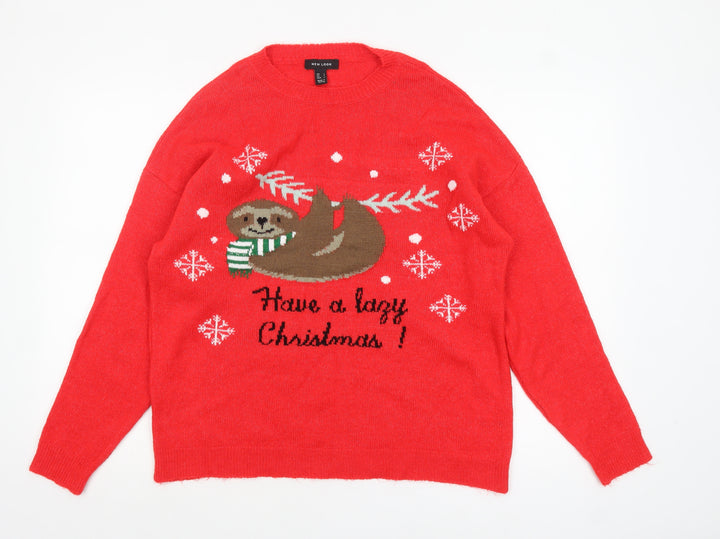 New Look Women's Red Christmas Sloth Pullover Jumper Size L