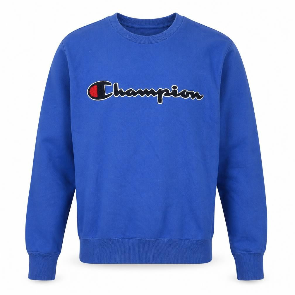 Front view of Champion Men's Blue XS Pullover Sweatshirt Crew Neck Logo