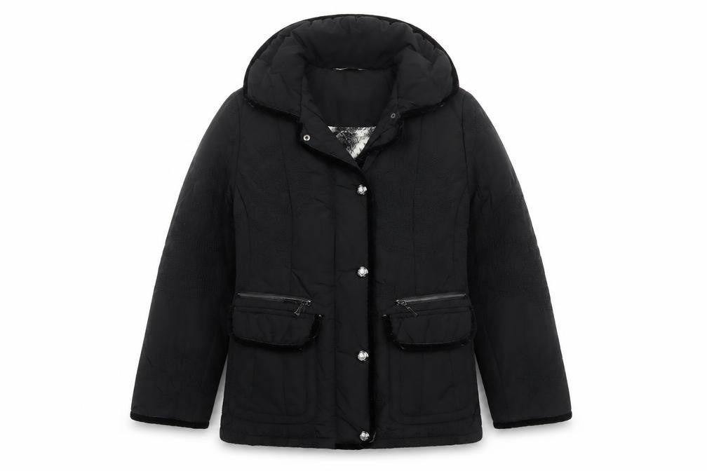 Front view of David Nieper Women's Black, size 12, Mid-Length Puffer Coat